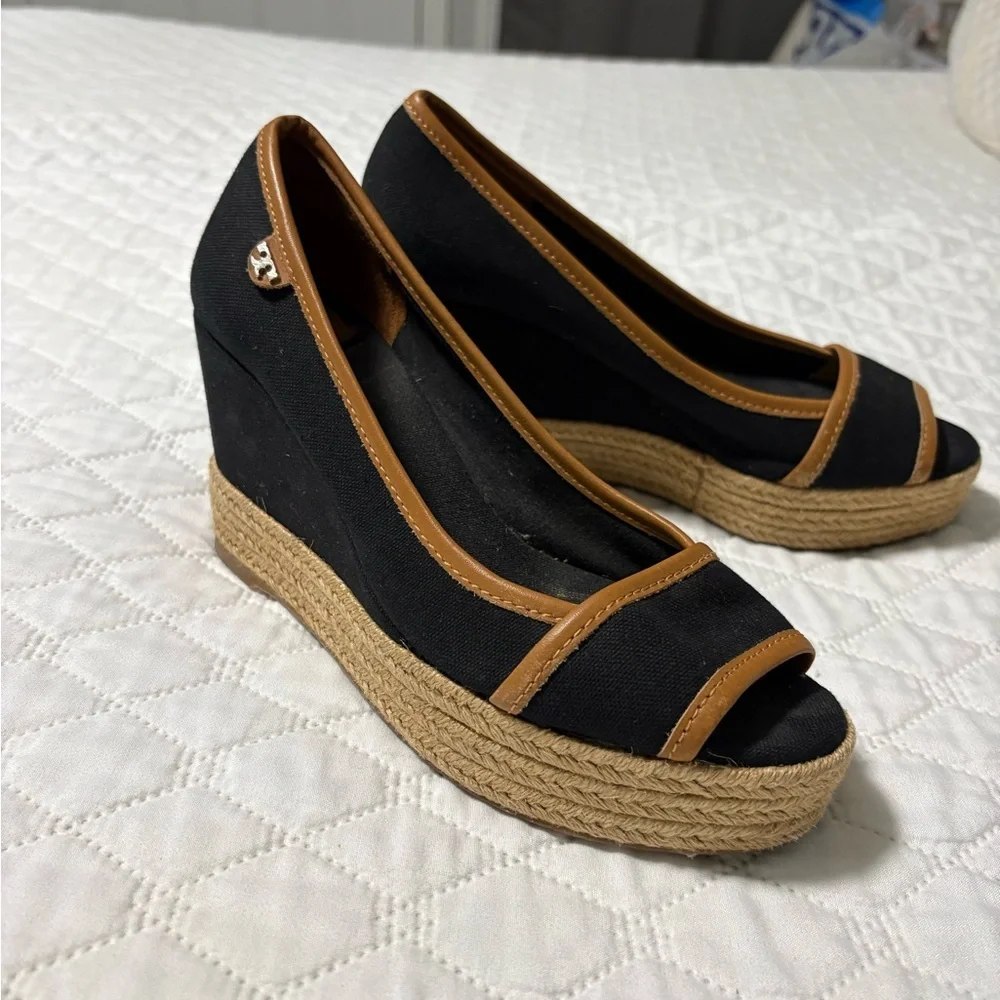 Tory Burch Majorca Canvas Black and Tan Wedges - Picture 1 of 9